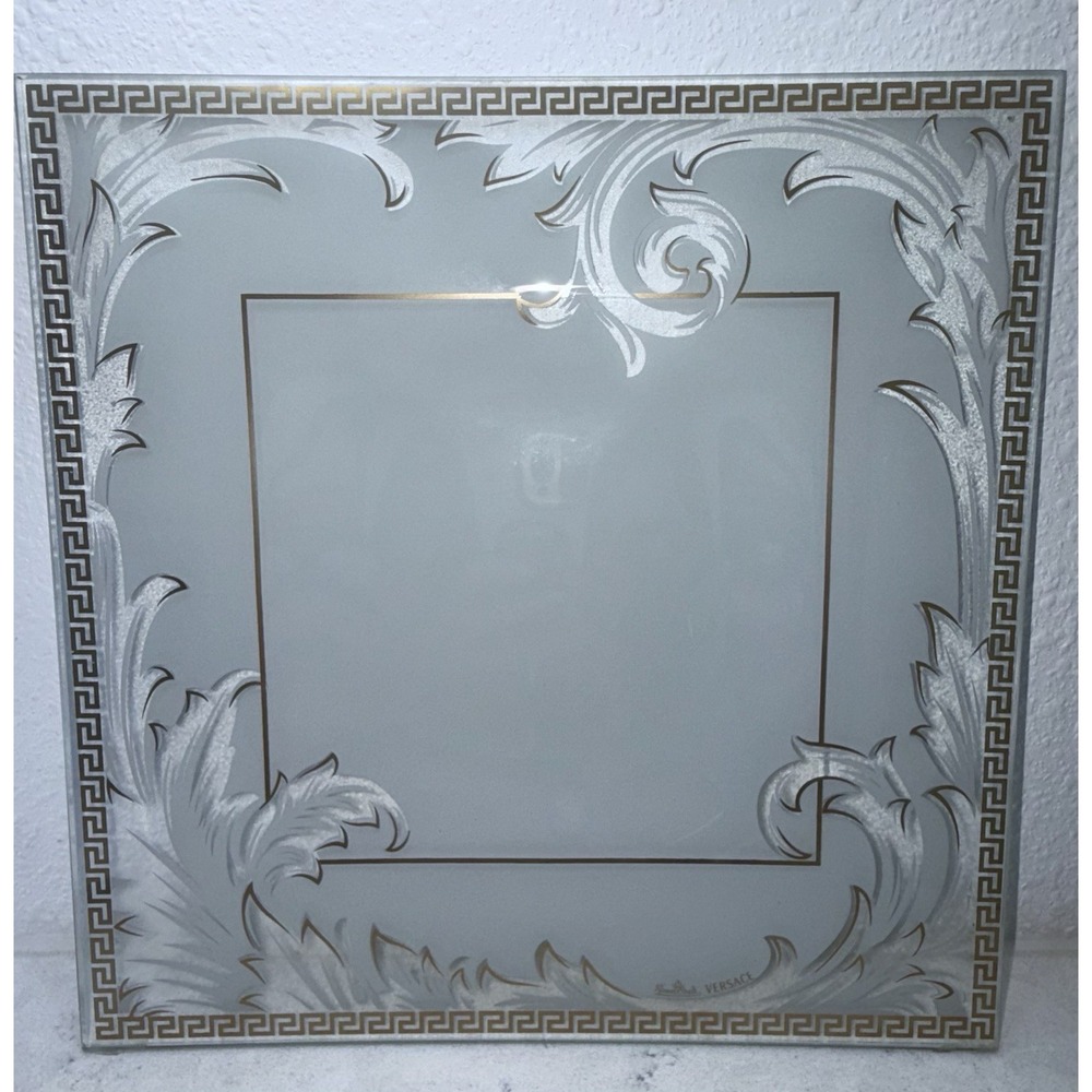 Versace Glass Plate Greek Key Border Rosenthal Frosted Scroll Square